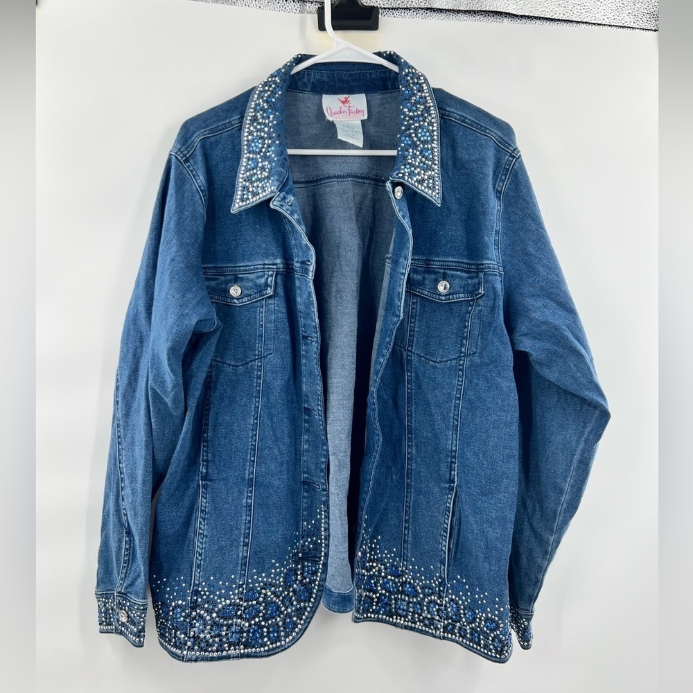 Quacker Factory Blue Jeans Shirt Bedazzled Size L Vintage